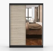 Armadio scorrevole con specchio Bucegi 25 | Rovere Sonoma e nero | 2 ante | 6 scomparti | 200 x 150 x 61 cm