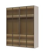 Moderno armadio a porte battenti con quattro ante in vetro Neiafu 11, con illuminazione interna, colore: cashmere, funzione soft-close, dimensioni: 224 x 182 x 56 cm