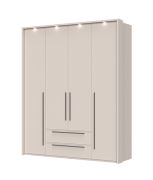 Armadio a quattro ante Neiafu 68, due cassetti, colore: cashmere, funzione Soft-Close, dimensioni: 226 x 187 x 60 cm, tre aste appendiabiti, cornice a LED