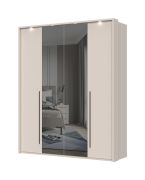 Armadio con due ante a specchio e cornice a LED Neiafu 65, colore: cashmere, dimensioni: 224 x 182 x 56 cm, funzione soft-close, piedini regolabili
