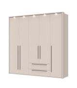Armadio a cinque ante Neiafu 73, cornice a LED, due cassetti, piedini regolabili, dimensioni: 226 x 232 x 60 cm, funzione Soft-Close, tre aste appendiabiti