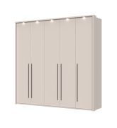 Armadio a cinque ante Neiafu 69, colore: cashmere, funzione Soft-Close, tre aste appendiabiti, dimensioni: 226 x 232 x 60 cm, con cornice a LED