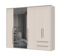 Armadio a ante battenti con telaio Neiafu 51, due ante a specchio, due cassetti, colore: cashmere, tre aste appendiabiti, dimensioni: 224 x 272 x 56 cm, funzione Soft-Close