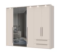 Armadio ad ante battenti "Neiafu" 79, color cashmere, 2 ante a specchio, 2 cassetti, illuminazione a LED, Sistema "Soft-Close", 224 x 272 x 56 cm
