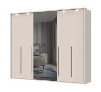 Armadio a ante battenti con due ante a specchio Neiafu 75, colore: cashmere, dimensioni: 224 x 272 x 56 cm, funzione Soft-Close, tre aste appendiabiti, con cornice a LED