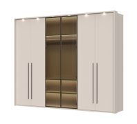 Armadio ad ante battenti "Neiafu" 76, color cashmere, 2 ante in vetro, 9 ripiani, 3 barre appendiabiti, illuminazione a LED, 224 x 272 x 56 cm
