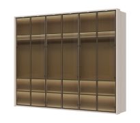 Armadio a sei ante in vetro Neiafu 77, con cornice a LED e illuminazione interna incluse, tre aste appendiabiti, dimensioni: 224 x 272 x 56 cm, funzione Soft-Close