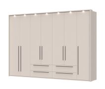 Armadio ad ante battenti "Neiafu" 83, 4 cassetti, 7 ante, quattro barre appendiabiti, illuminazione a LED, Sistema "Soft-Close", 226 x 322 x 60 cm