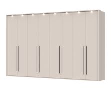 Armadio a otto ante con cornice a LED Neiafu 84, colore: cashmere, dimensioni: 226 x 322 x 60 cm, quattro aste appendiabiti, funzione Soft-Close