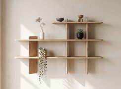 Mensola "Autise" 04, rovere massello, oliato, finitura sbiancata, 3 ripiani, 140 x 25 x 86 cm