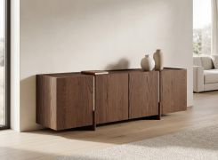 Mobile TV | Colore: Tabacco | 4 ante | Legno massello | Legno di rovere oliato | Pietra di travertino | 180 x 46 x 56 cm | 6 scomparti | Sobrio