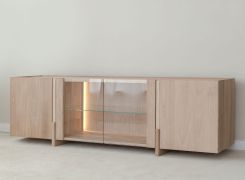 Mobile TV "Loir" 03, rovere massello, oliato, finitura naturale, piano in travertino, 4 ante, 6 ripiani, illuminazione a LED, 180 x 46 x 56 cm