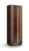 Vetrinetta "Loir" 05, color tabacco, rovere massello, oliato, piano in travertino, 1 anta, 6 scomparti, illuminazione a LED, 68 x 41 x 206 cm