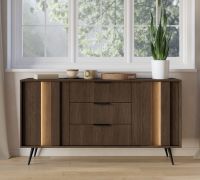 Madia "Hassine" 06, color rovere Dunin, gambe: metallo, 2 ante, 3 cassetti, 4 scomparti, illuminazione a LED, Sistema "Soft-Close", 154 x 40 x 83 cm