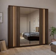 Armadio ad ante battenti "Hassine" 05, color rovere Dunin, 2 ante a specchio, 4 scomparti, 10 scomparti, 2 barre appendiabiti, illuminazione a LED, Sistema "Soft-Close", 223 x 60 x 210 cm