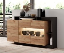 Madia "Monastir" 02, rovere craft gold/antracite, 2 ante in vetro, 1 anta in legno, 5 scomparti, bordi in ABS, design senza maniglie, 155 x 44 x 94 cm