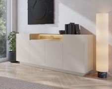 Madia "Manouba" 02, beige/rovere Cremona, 4 ante a battente, 9 scomparti, illuminazione a LED, bordi in ABS, funzione "push-to-open", 203 x 40 x 83 cm