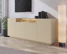Madia "Manouba" 02, color cacao/rovere Cremona, 4 ante a battente, 9 scomparti, illuminazione a LED, bordi in ABS, funzione "push-to-open", 203 x 40 x 83 cm