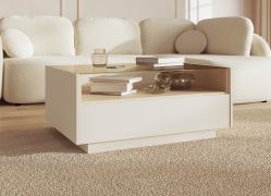 Tavolino da salotto "Manouba" 06, color beige/rovere Cremona, 2 cassetti, 1 ripiano, funzione "push-to-open", 96 x 67 x 43 cm
