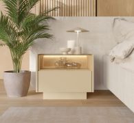 Comodino "Manouba" 07, color cacao/rovere Cremona, 1 cassetto, 1 scomparto, illuminazione a LED, funzione "push-to-open", 53 x 40 x 43 cm