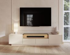 Mobile TV "Manouba" 04, beige/rovere Cremona, 2 ante a battente, 3 scomparti, 2 cassetti, illuminazione a LED, funzione "push-to-open", 203 x 40 x 43 cm