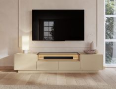 Mobile TV "Manouba" 04, color cacao/rovere Cremona, 2 ante a battente, 3 scomparti, 2 cassetti, illuminazione a LED, funzione "push-to-open", 203 x 40 x 43 cm