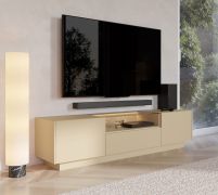 Mobile TV "Manouba" 05, color cacao/rovere Cremona, 2 ante a battente, 1 cassetto, 3 scomparti, illuminazione a LED, funzione "push-to-open", 176 x 40 x 43 cm