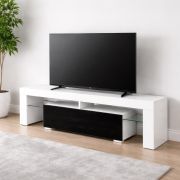 Mobile TV "Zolvini", bianco/nero lucido, 1 anta a ribalta, funzione "push-to-open", 140 x 35 x 47,5 cm