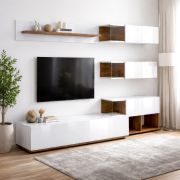 Parete attrezzata "Mondura", effetto legno con frontali bianchi lucidi UV, funzione "push-to-open", 240 x 40 x 150 cm