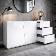 Comò "Beldran", bianco lucido UV, 2 ante, 2 scomparti, 3 cassetti, funzione "push-to-open", 180 x 43 x 87 cm