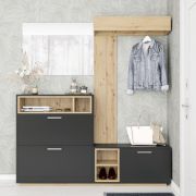 Mobile ingresso - Set "Zonza", color rovere Artisan/antracite, 2 scomparti a ribalta, 6 scomparti, 2 barre appendiabiti, 177 x 32 x 195