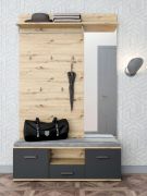 Mobile ingresso "Lavon" color rovere Artisan/antracite, 1 cassapanca, 1 barra appendiabiti, 1 specchio grande, 1 cassetto, 5 scomparti, 130 x 39 x 200 cm