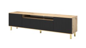 Mobile TV moderno Cieneguillas 01 | Rovere Artisan e nero | Gambe oro | Frontale rigato | 54 x 200 x 40 cm | Push-to-open