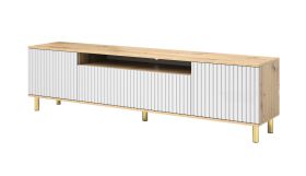 Mobile TV Cienequillas 04 | Rovere Artisan/Bianco | Gambe Oro | Frontale Nervato | 54 x 200 x 40 cm | Design Moderno