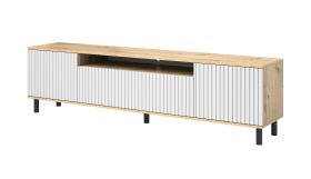 Mobile porta TV push-to-open | Rovere Artisan/Bianco | 4 vani | Foro cavi | Gambe nere | 54 x 200 x 40 cm