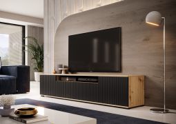 Mobile TV moderno scanalato | Rovere Artisan e nero | 42 x 200 x 40 cm | Gambe basse | Design semplice