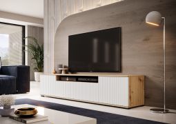 Mobile TV frontale scanalato Cieneguillas 06 | Rovere Artisan/Bianco | Push-to-open | 42 x 200 x 40 cm | 4 vani