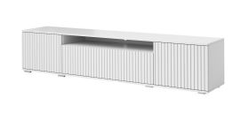 Mobile TV elegante bianco | 42 x 200 x 40 cm | Frontale rigato | Push-to-open | Quattro scomparti | Foro cavi