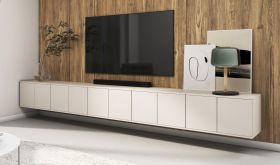 Mobile TV "Boquilla" 11, color cashmere, 10 ante, 20 scomparti, funzione "push-to-open", 350 x 40 x 40 cm