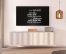 Mobile TV sospeso "Lerdo" 06, color cashmere, 4 ante a battente, 4 scomparti, funzione "push-to-open", 140 x 40 x 40 cm