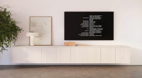 Mobile TV sospeso "Lerdo" 08, color cashmere, 8 ante a battente, 8 scomparti, funzione "push-to-open", 280 x 40 x 40 cm