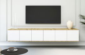 Mobile TV "Jaralillo" 07, color rovere Artisan/bianco, 6 ante, 12 scomparti, Sistema "push-to-open", 210 x 40 x 40 cm