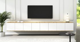 Mobile TV "Jaralillo" 08, color rovere Artisan/bianco, 8 ante, 16 scomparti, Sistema "push-to-open", 280 x 40 x 40 cm