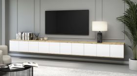 Mobile TV "Jaralillo" 09, color rovere Artisan/bianco, 10 ante, 20 scomparti, Sistema "push-to-open", 350 x 40 x 40 cm