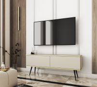 Base TV Horsham 30 beige | Push-to-open | 2 scomparti ribaltabili | Gambe nere | 135 x 32 cm