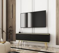 Mobile TV moderno nero con frontale rigato | Push-to-open | Gambe oro | Montaggio a parete | Horsham 37