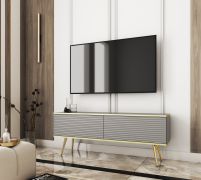 Mobile TV frontale rigato grigio | Push-to-open | 2 scomparti ribaltabili | Gambe oro | Montaggio a parete