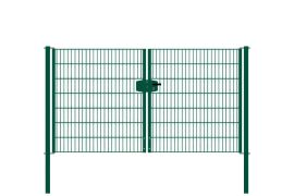 Cancello in griglia metallica 2 ante, luce netta: 264 cm, larghezza totale incl. pali: 276 cm, Finitura: vernice verde, Altezza: 143 cm, Peso: 53,77 kg