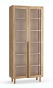 Vetrinetta "Olimar" 28, color rovere, 5 ripiani, 6 scomparti, 2 ante in vetro con cornice in legno, illuminazione a LED integrata, Sistema "Soft-Close", 83 x 35 x 198 cm