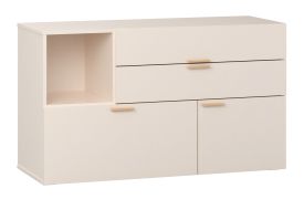 Cassettiera "Sarandi" 18, beige, maniglie e gambe: rovere, 1 anta, 2 scomparti, 1 vano a giorno, 3 cassetti, Sistema "Soft-Close", 120 x 42 x 70 cm